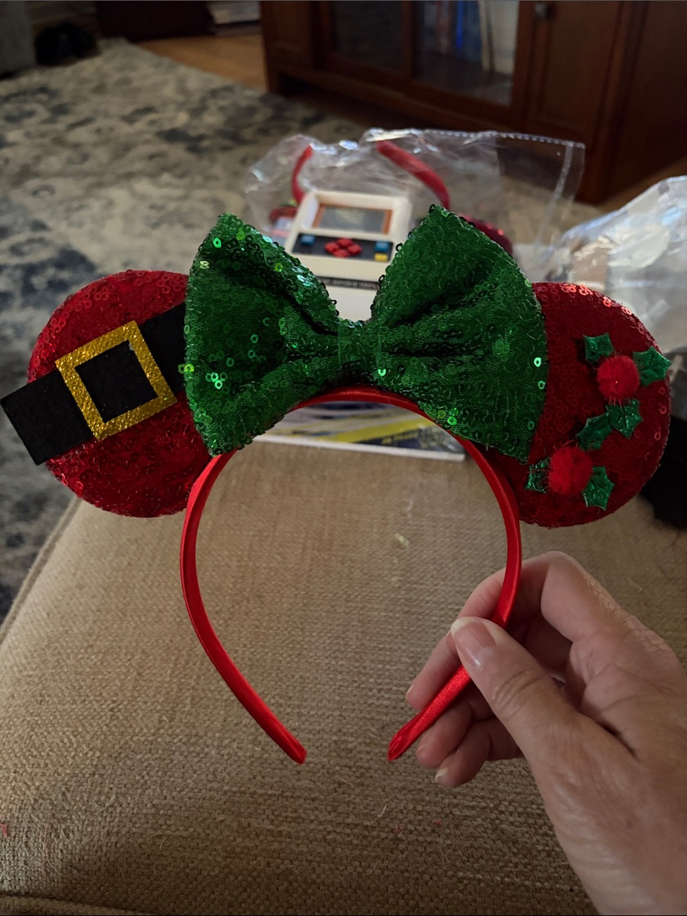 Disney Red & Green Sequin Minnie‎ Mouse Headband Christmas Holiday